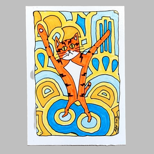 Superpussy-an orange cat-dancing with his paws in the air on a funky blue, yellow, and gold floor.