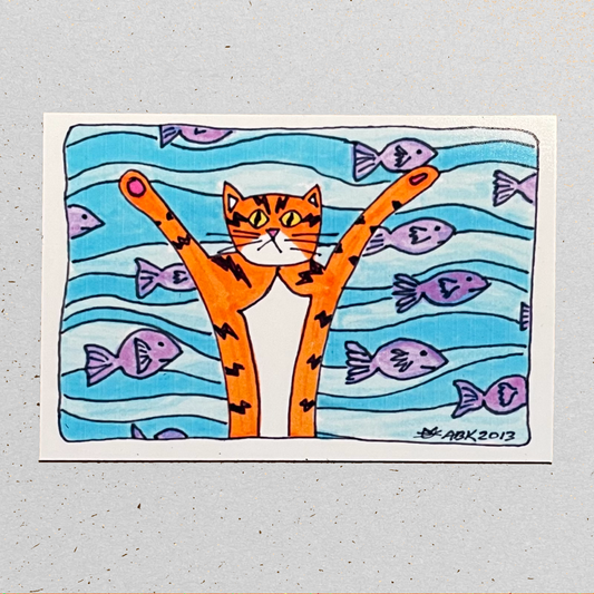 Cat magent featuring Superpussy-a cartoon orange cat with his paws in the air-is in front of a blue sea full of purple fish