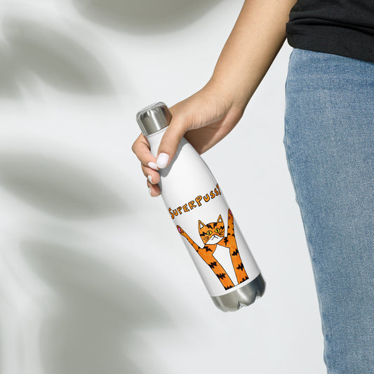 Someone in jeans is holding a white stainless steel water bottle with a steel-colored bottom and lid. On it is a drawing of an orange cat with black stripes and his paws in the air. Above him is his name in orange- "Superpussy"