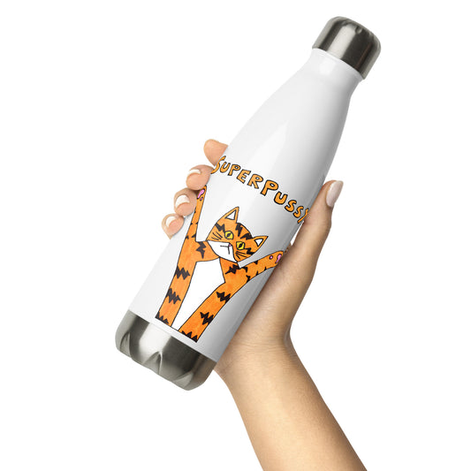 A manicured hand holding a white stainless steel water bottle with a steel-colored bottom and lid. On it is a drawing of an orange cat with black stripes and his paws in the air. Above him is his name in orange- "Superpussy"