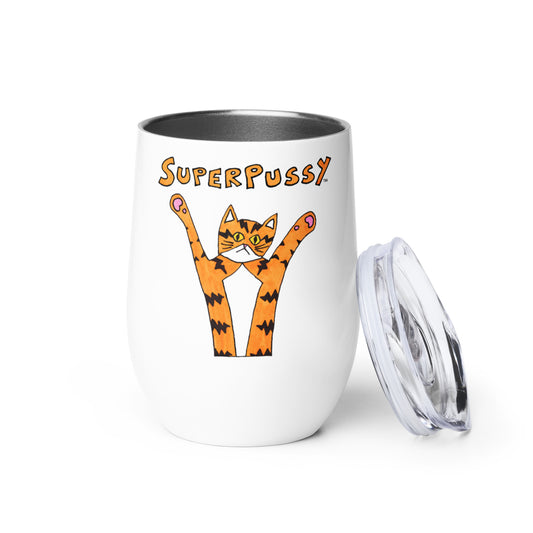 A white stainless steel wine tumber with an orange cat with his paws in the air and his name "Superpussy"