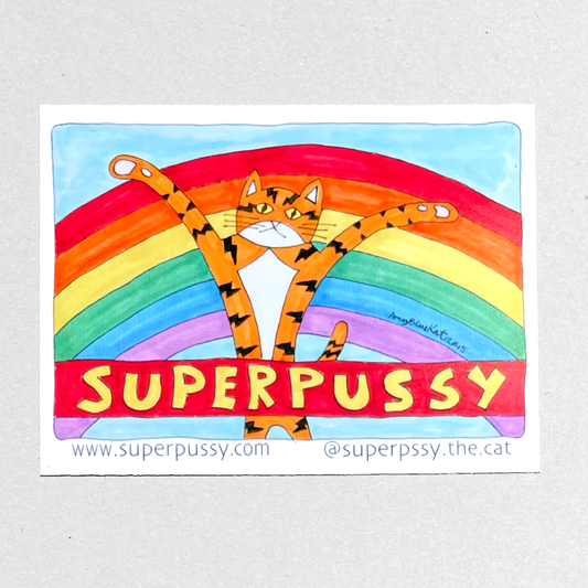 Whimsical Cat magnet featuring Superpussy-an orange cat with his paws in the air-standing in front of a big rainbow. A banner that reads "Superpussy" is in front.