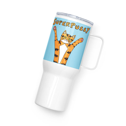 Superpussy Cat Travel Mug with Handle, Blue, Stainless Steel