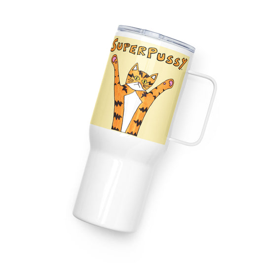 Superpussy Cat Travel Mug with Handle, Yellow, Stainless Steel