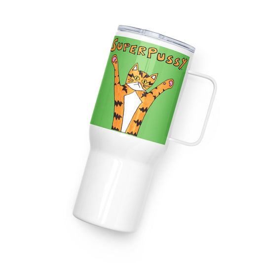 Superpussy Cat Travel Mug with Handle, Green, Stainless Steel