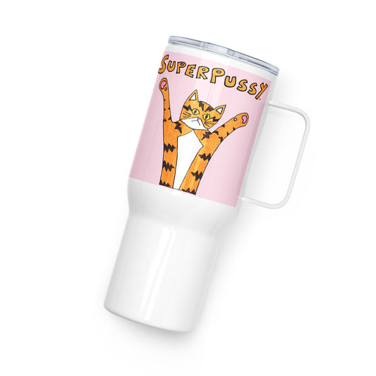 Superpussy Cat Travel Mug with Handle, Pink, Stainless Steel