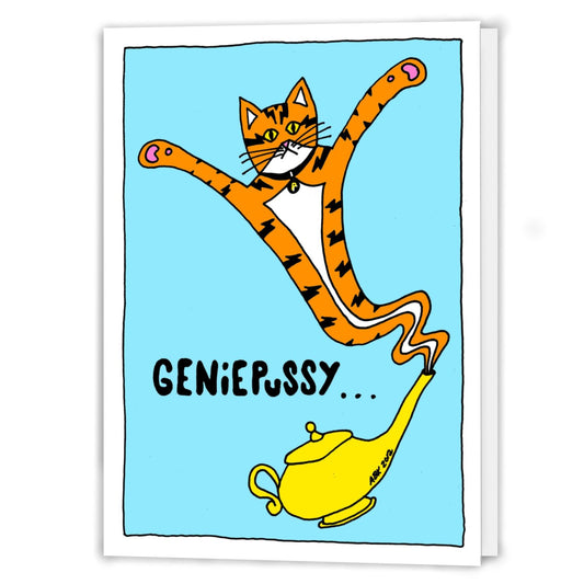 Birthday card shows Superpussy the Cat coming out of a genie's lamp. On the front it reads "Genie Pussy...". On the inside it reads "...will grant you 3 birthday wishes." Image links to page to purchase this birthday card.