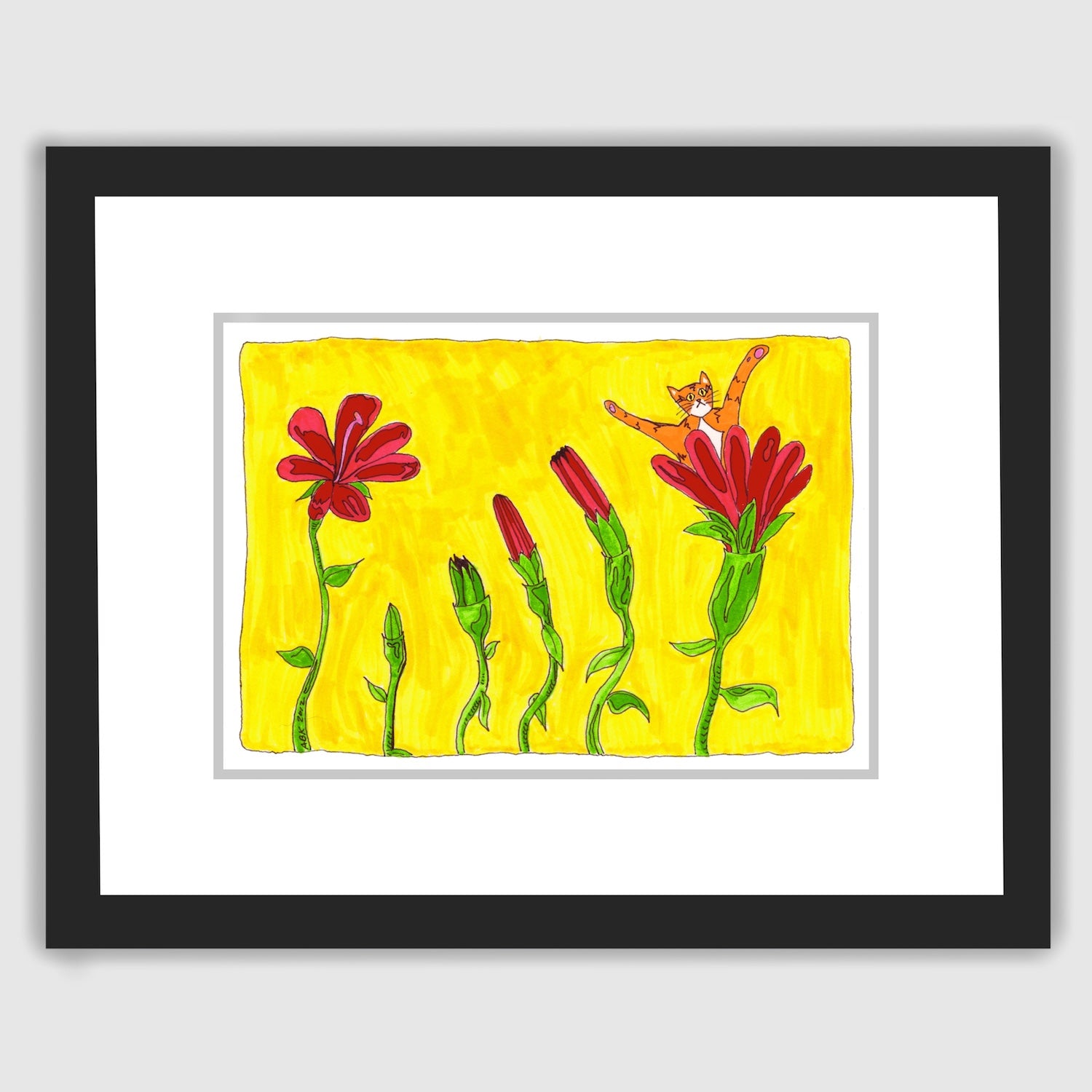 framed Whimsical cat art print featuring Superpussy-an orange cat-blooming out of a red flower. There are other red flowers in various stages of blossoming. On a yellow background.