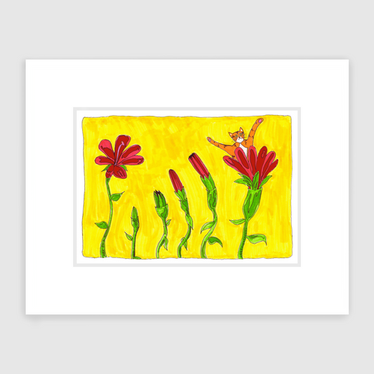 Whimsical cat art print featuring Superpussy-an orange cat-blooming out of a red flower. There are other red flowers in various stages of blossoming. On a yellow background.