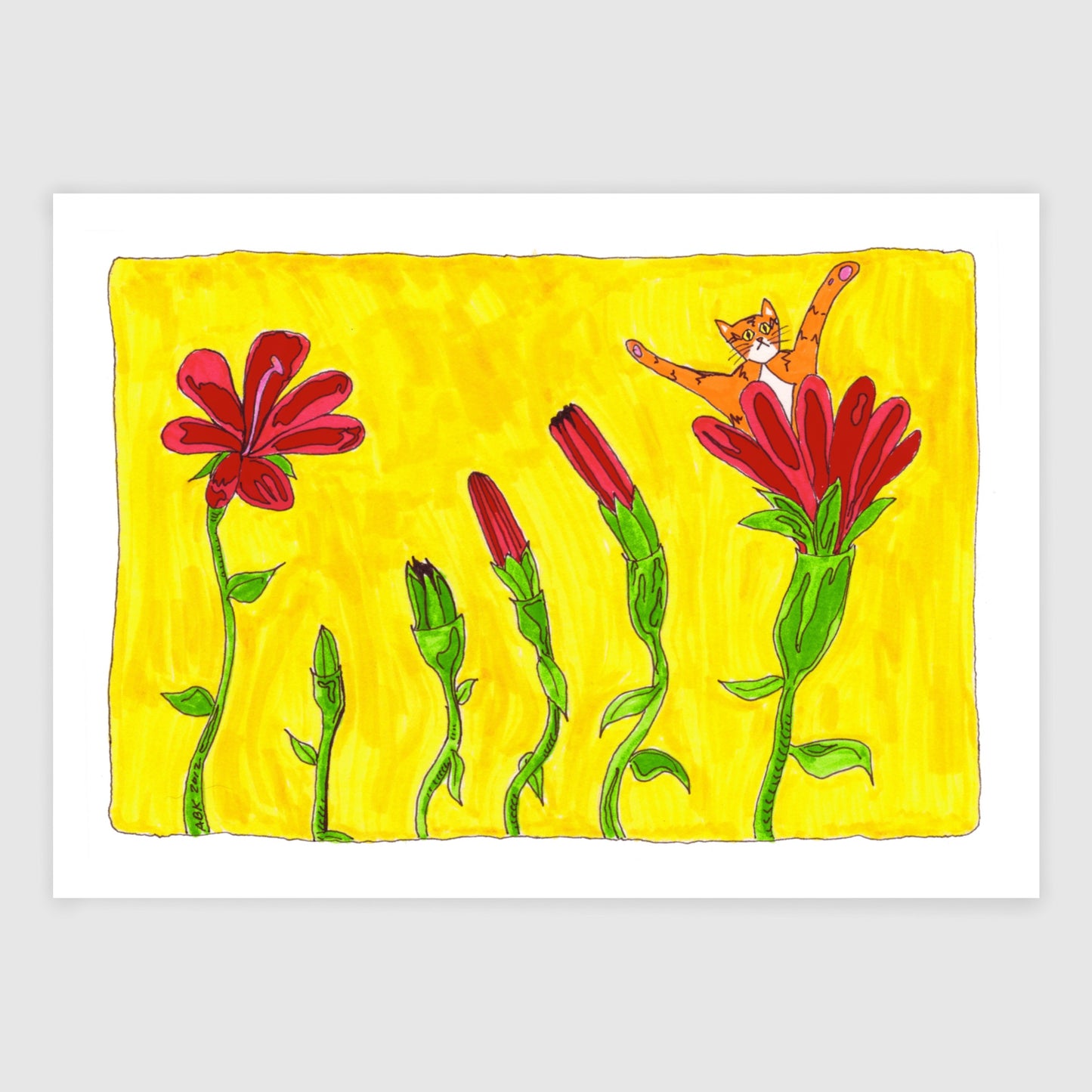 Whimsical cat art print featuring Superpussy-an orange cat-blooming out of a red flower. There are other red flowers in various stages of blossoming. On a yellow background.