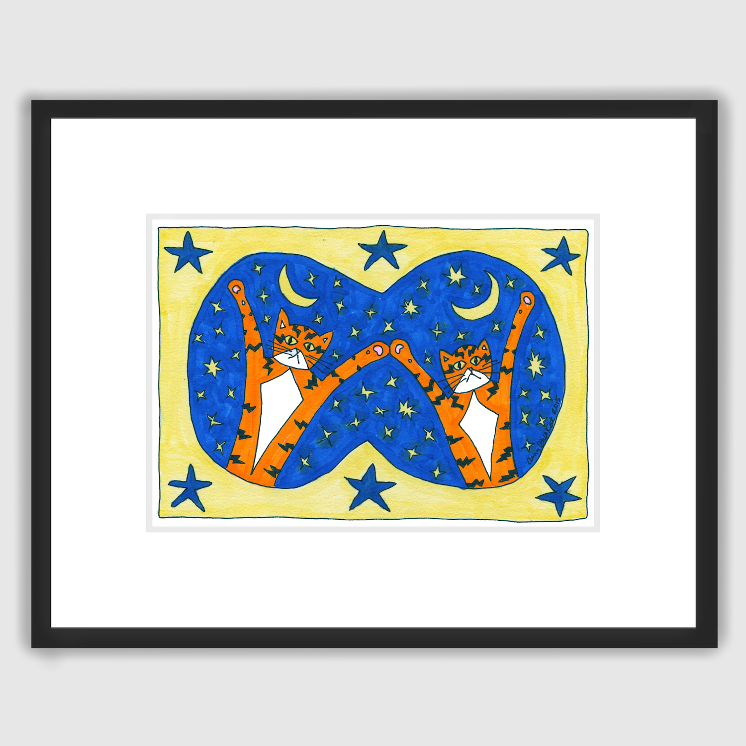 A brightly colored  framed drawing of two orange tabby cats that look like twins. Their paws ore in the air in front of a night blue background filled with yellow stars and a crescent moon. A yellow border with blue stars surrounds the scene.