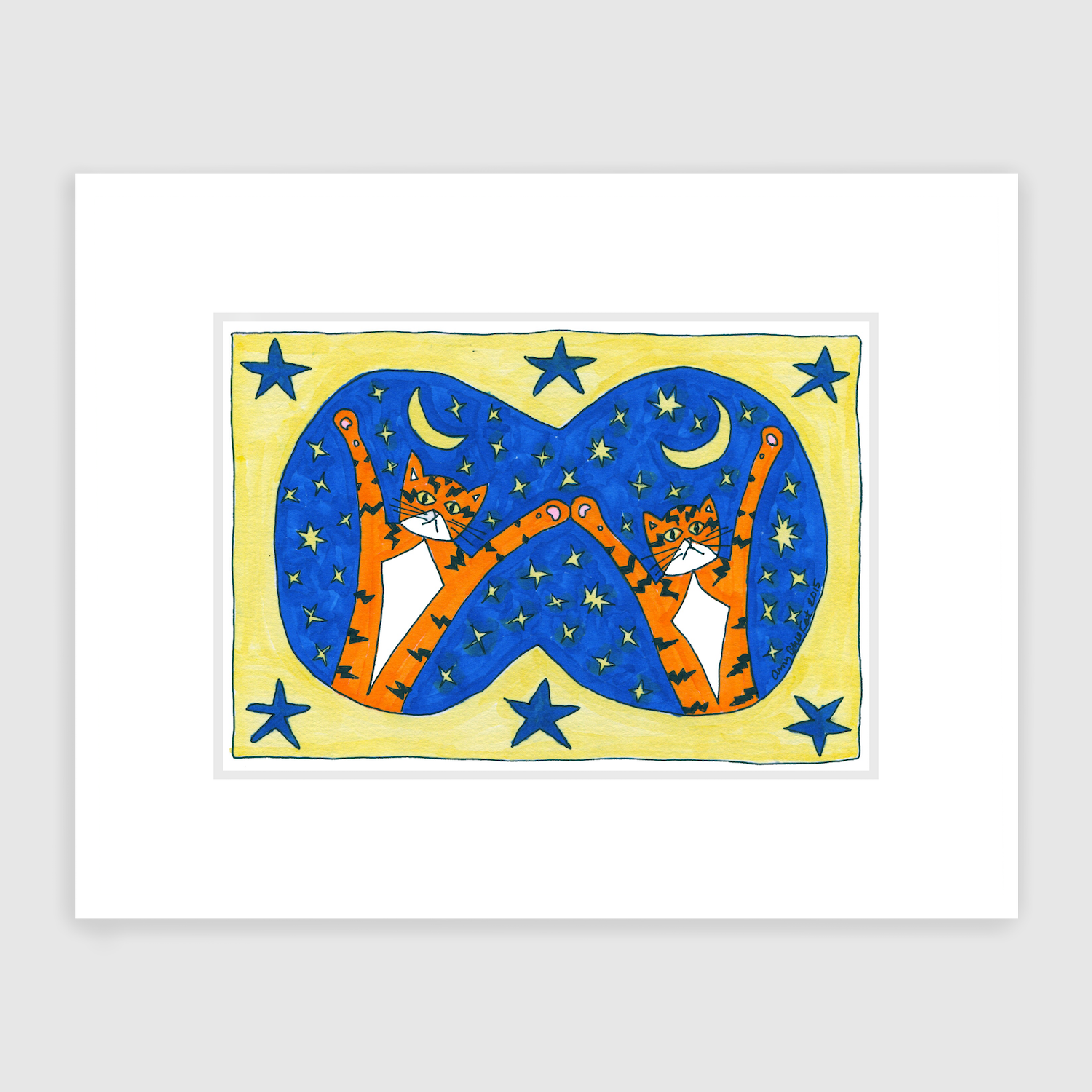 A brightly colored drawing of two orange tabby cats that look like twins. Their paws ore in the air in front of a night blue background filled with yellow stars and a crescent moon. A yellow border with blue stars surrounds the scene.