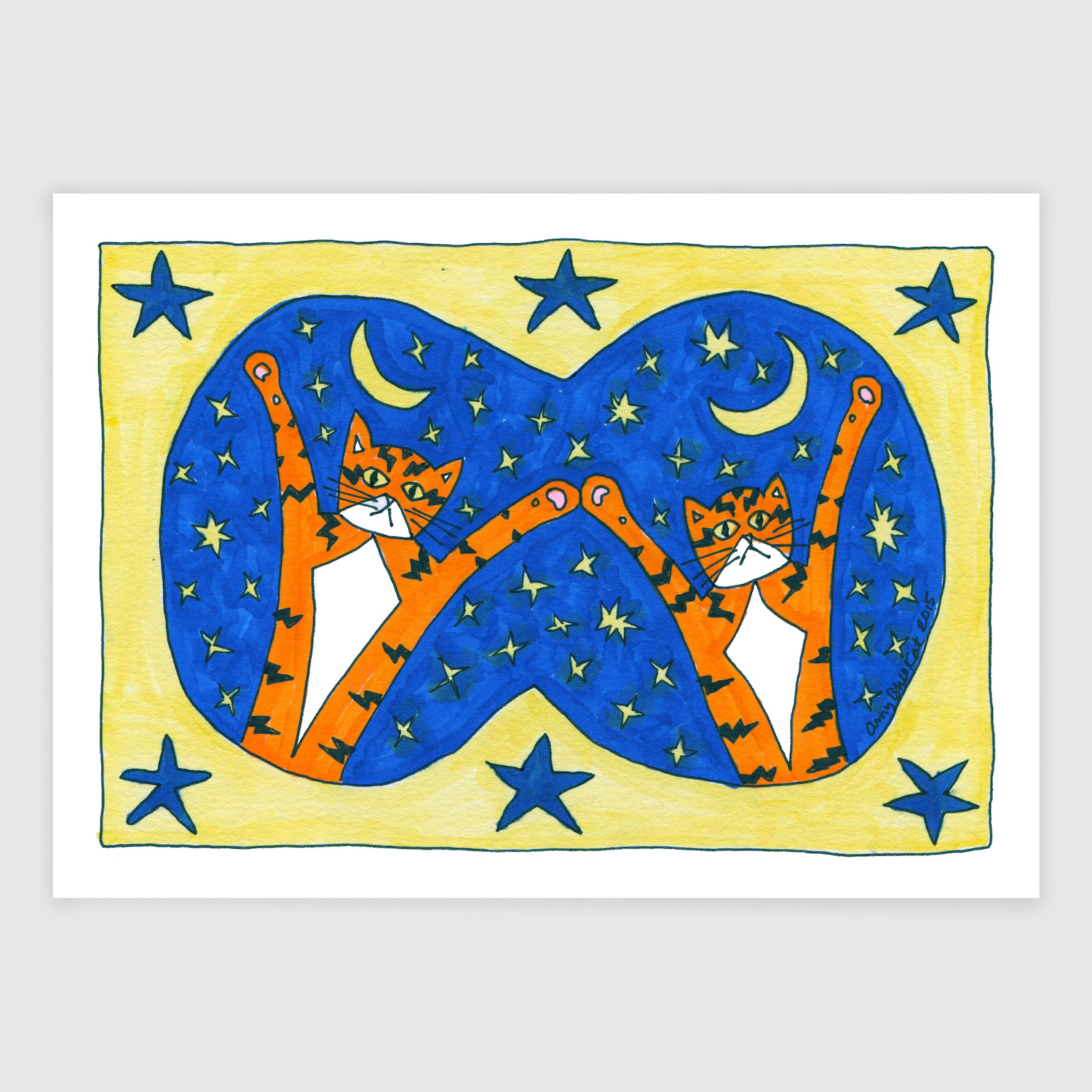 A brightly colored drawing of two orange tabby cats that look like twins. Their paws ore in the air in front of a night blue background filled with yellow stars and a crescent moon. A yellow border with blue stars surrounds the scene.