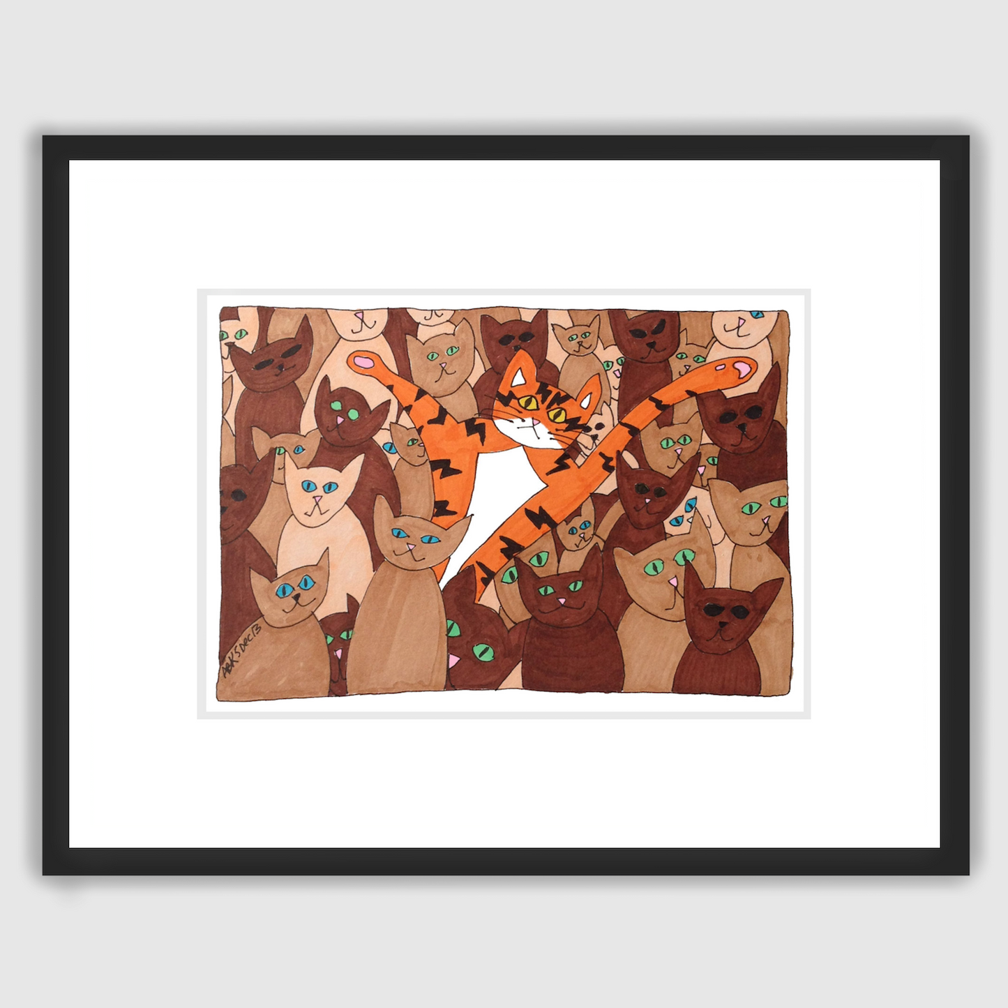 framed Whimsical Cat art featuring Superpussy-an orange cat with his paws in the air-is in a crowd of other cats. The other cats are a mix of skin-colored shades from light beige to light brown, medium brown, and dark brown.