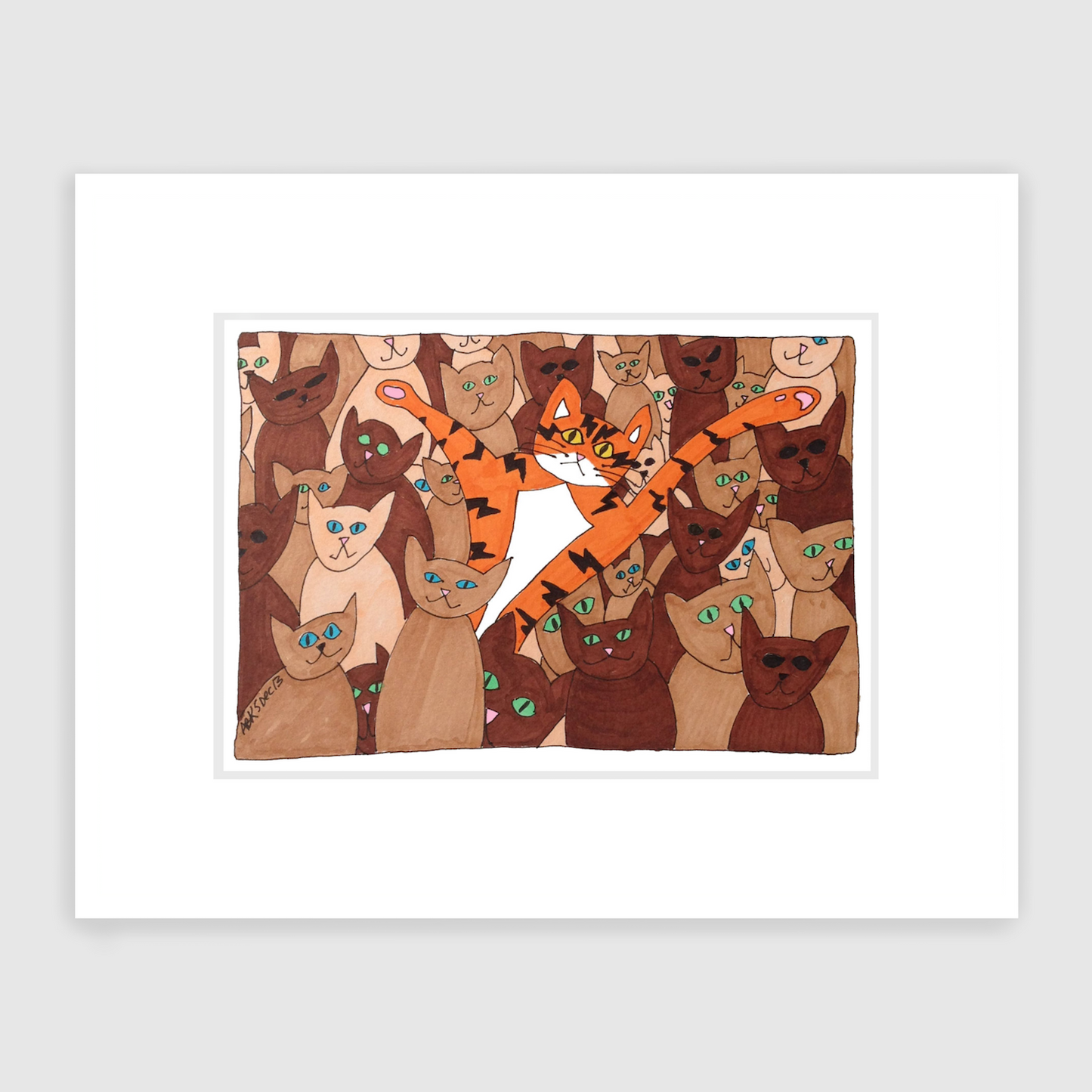 Whimsical Cat art featuring Superpussy-an orange cat with his paws in the air-is in a crowd of other cats. The other cats are a mix of skin-colored shades from light beige to light brown, medium brown, and dark brown.