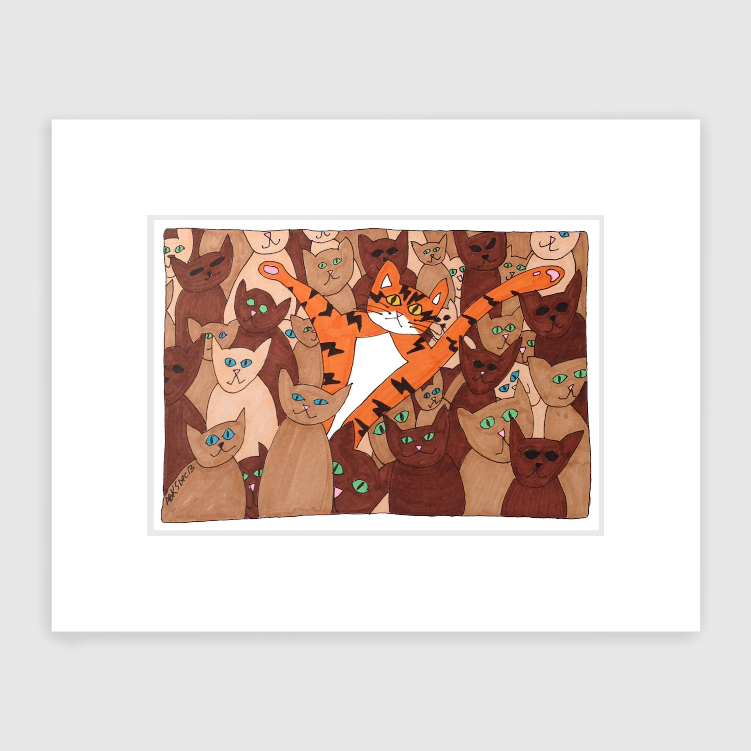 Whimsical Cat art featuring Superpussy-an orange cat with his paws in the air-is in a crowd of other cats. The other cats are a mix of skin-colored shades from light beige to light brown, medium brown, and dark brown.