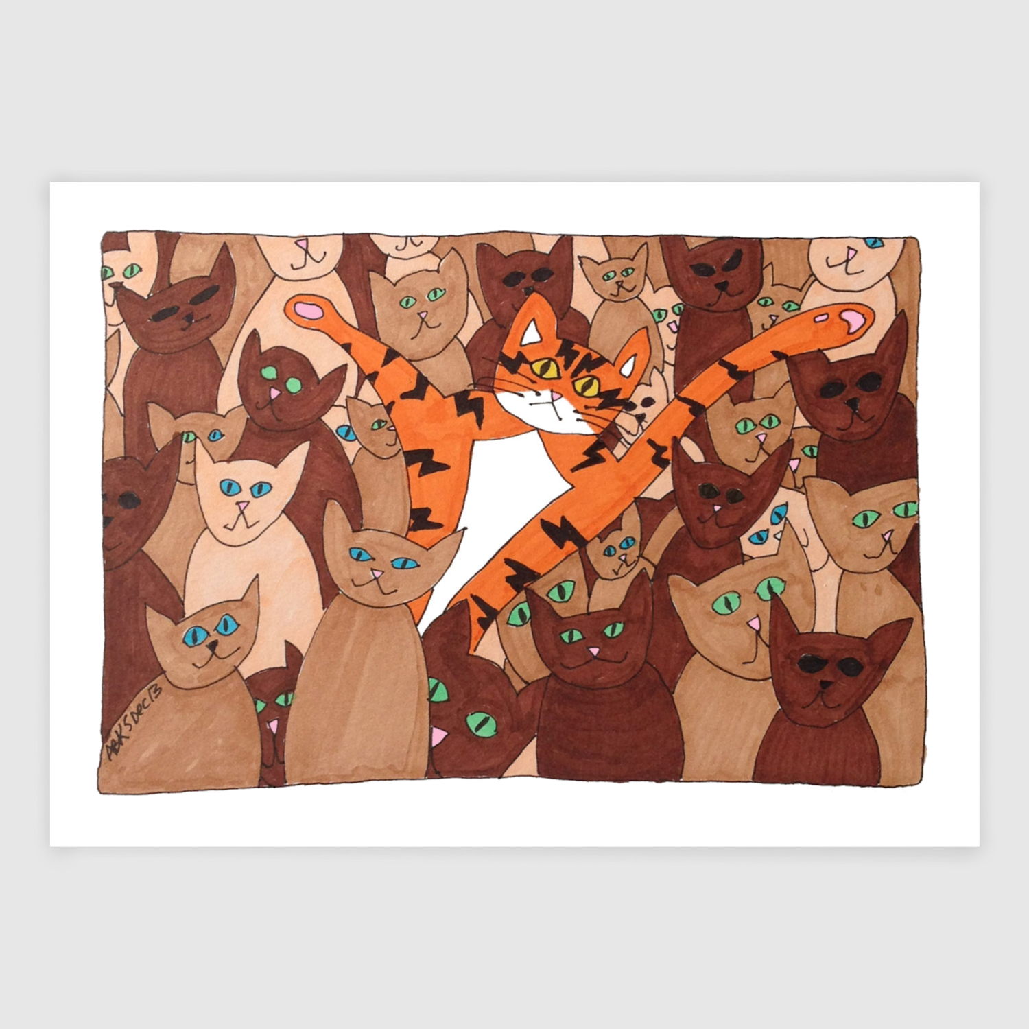 Whimsical Cat art featuring Superpussy-an orange cat with his paws in the air-is in a crowd of other cats. The other cats are a mix of skin-colored shades from light beige to light brown, medium brown, and dark brown.