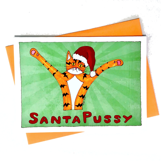 A christmas card with orange tabby cat with his paws in the air and wearing a santa hat on a green background. Red lettering reads "Santa Pussy"