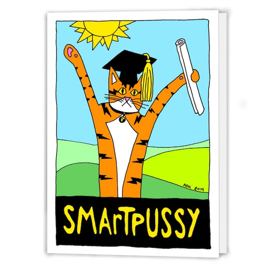 A graduation card featuring Superpussy-an orange tabby Cat- wearing a graduation cap and holding a diploma in front of a sunny horizon above a banner that reads "SmartPussy'.