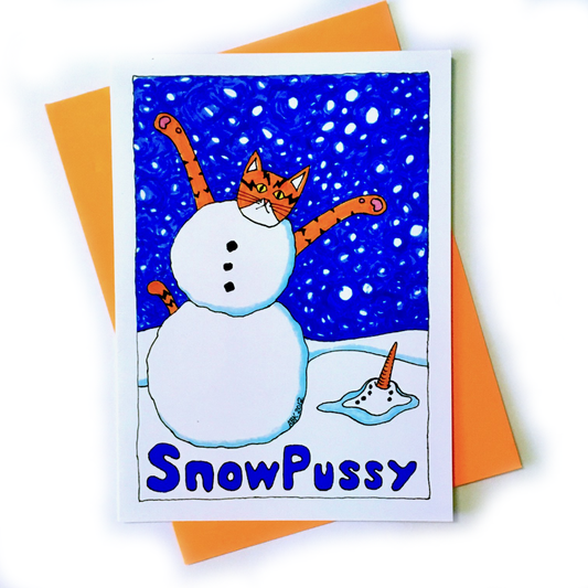 Holiday card. Superpussy-an orange tab at with his paws in the air- has knocked the head off a snowman and replaced it with his own!