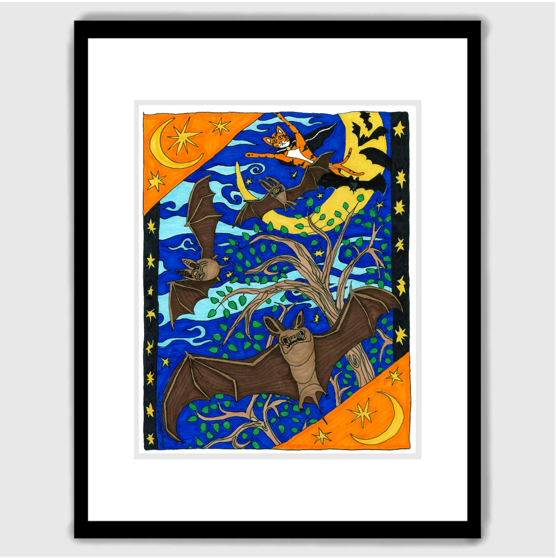 whimsical cat art featuring Superpussy-a cartoon orange cat-is flying through the night sky wearing a cape. Several bats fly with him. A black and orange border features stars and a crescent moon.