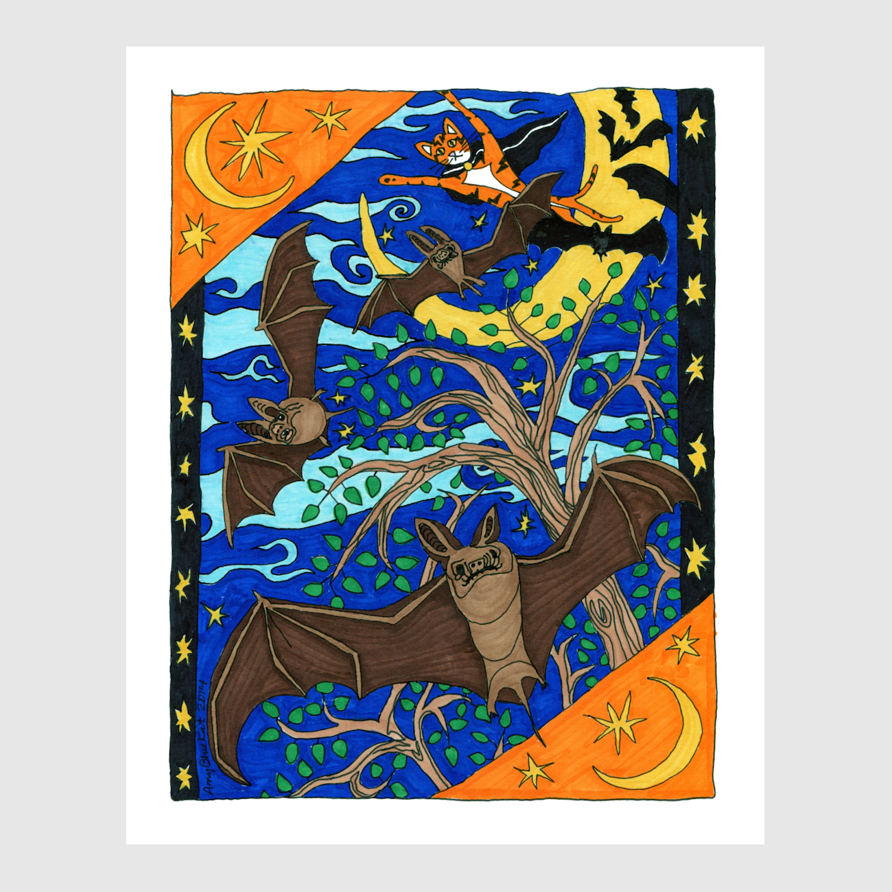 whimsical cat art featuring Superpussy-a cartoon orange cat-is flying through the night sky wearing a cape. Several bats fly with him. A black and orange border features stars and a crescent moon.