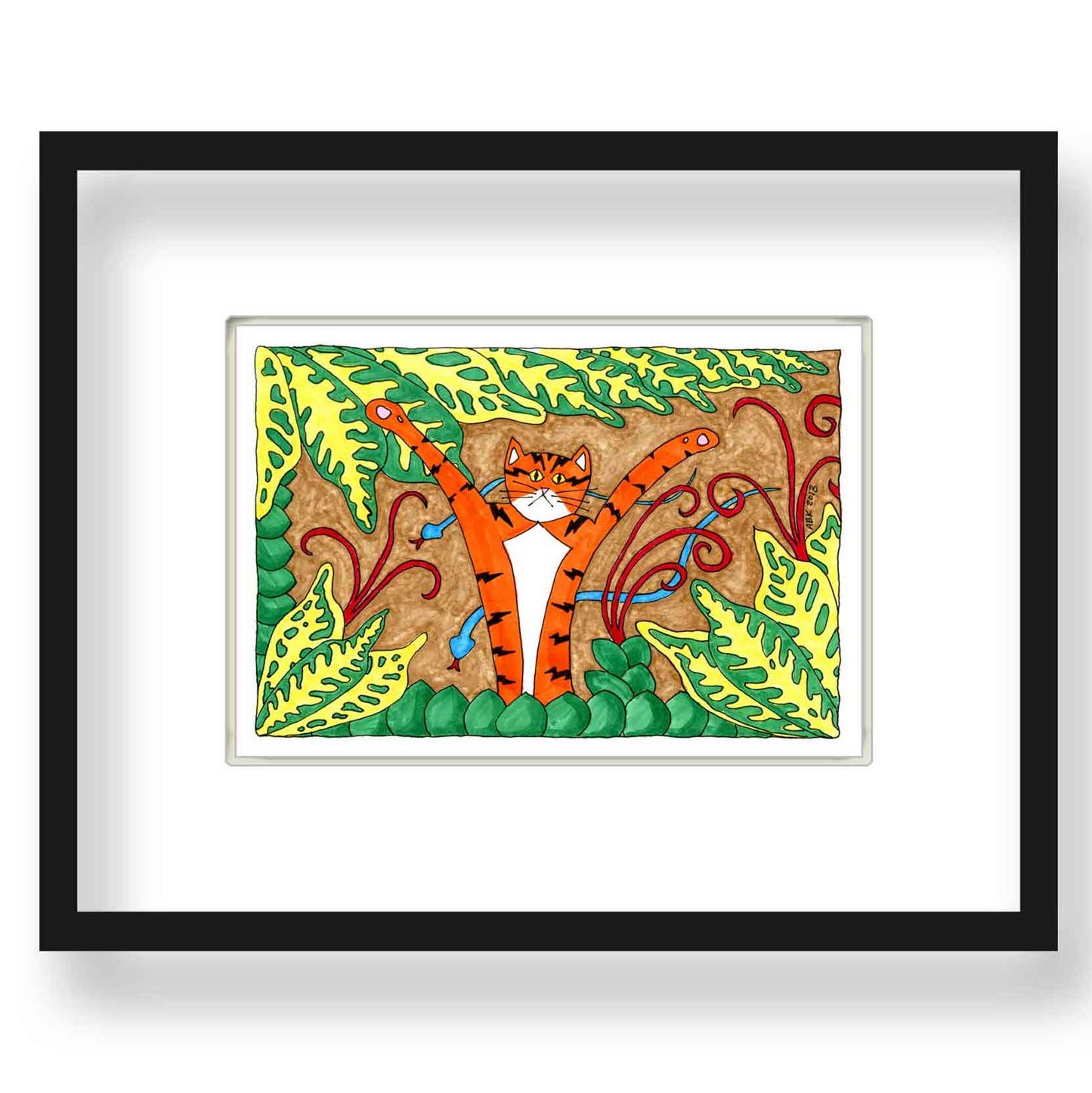 A framed drawing of Superpussy-an orange tabby cat with his paws in the air is in the garden surrounded by green and yellow leaves and two blue snakes.