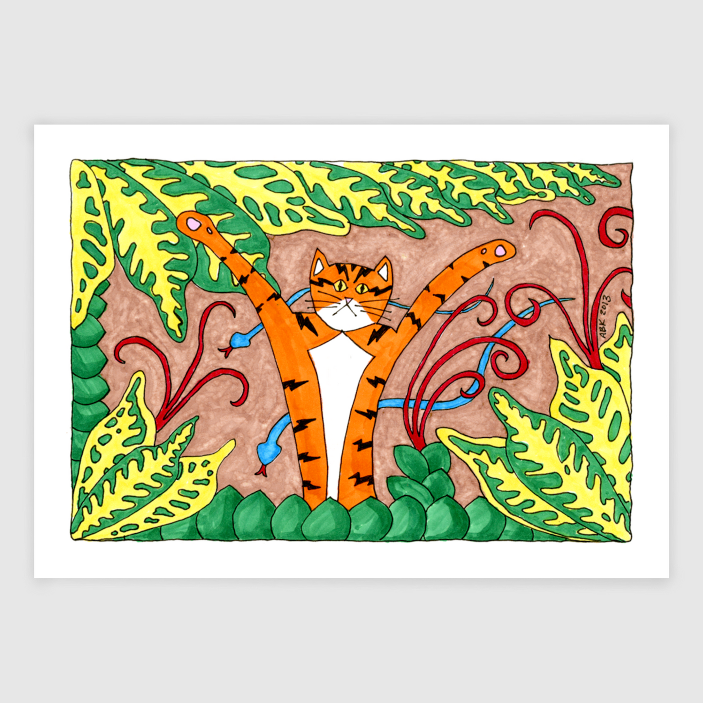 A drawing of Superpussy-an orange tabby cat with his paws in the air is in the garden surrounded by green and yellow leaves and two blue snakes.