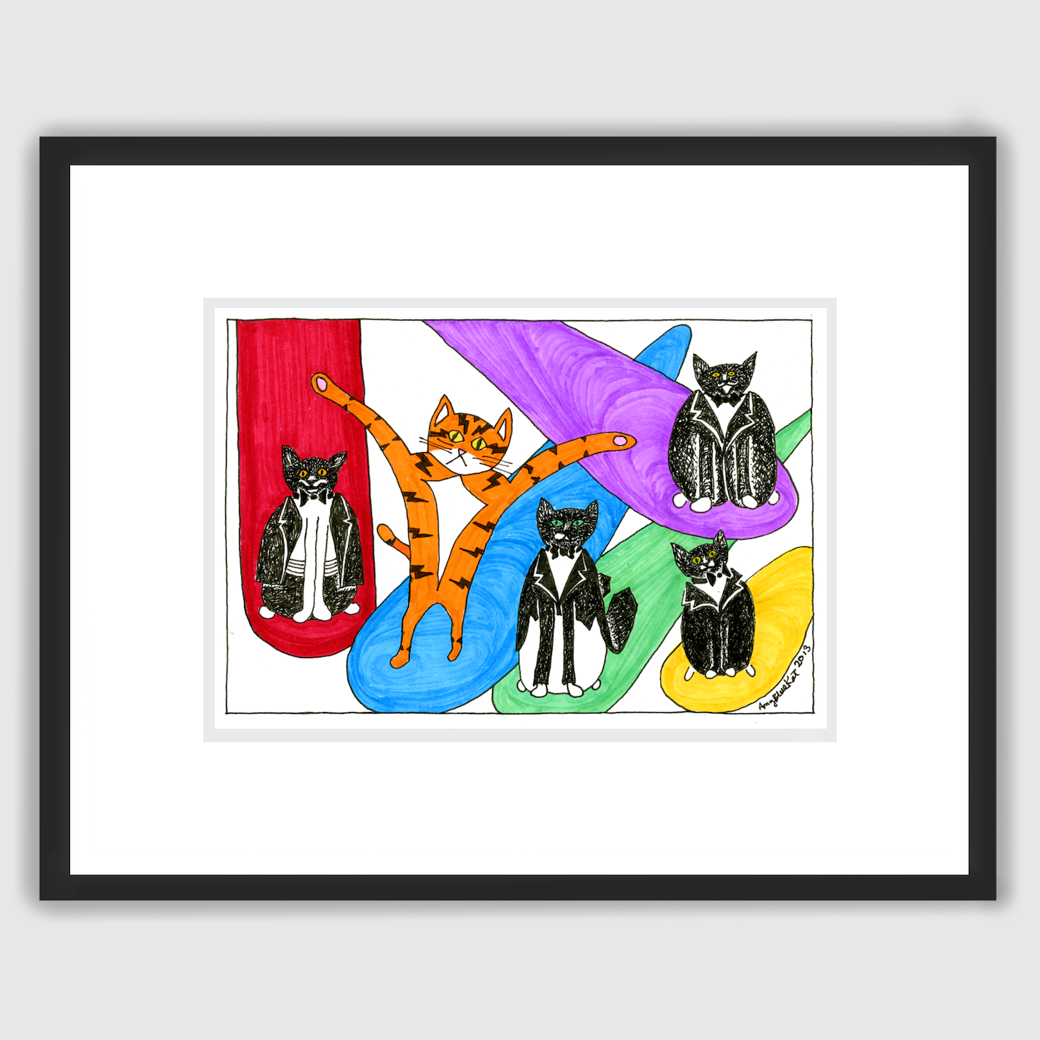 framed Cat art featuring Superpussy-an orange cat with his paws in the air-is hanging out with four black and white tuxedo cats. Each cat stands on a different brightly colored spotlight.