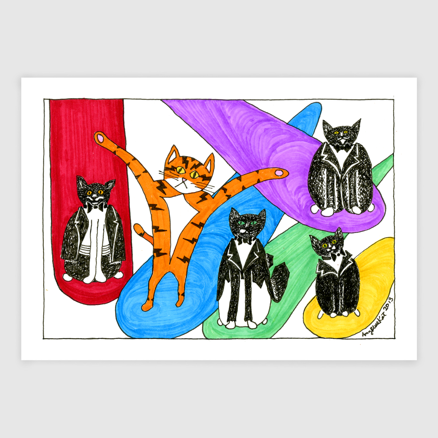 Cat art featuring Superpussy-an orange cat with his paws in the air-is hanging out with four black and white tuxedo cats. Each cat stands on a different brightly colored spotlight.