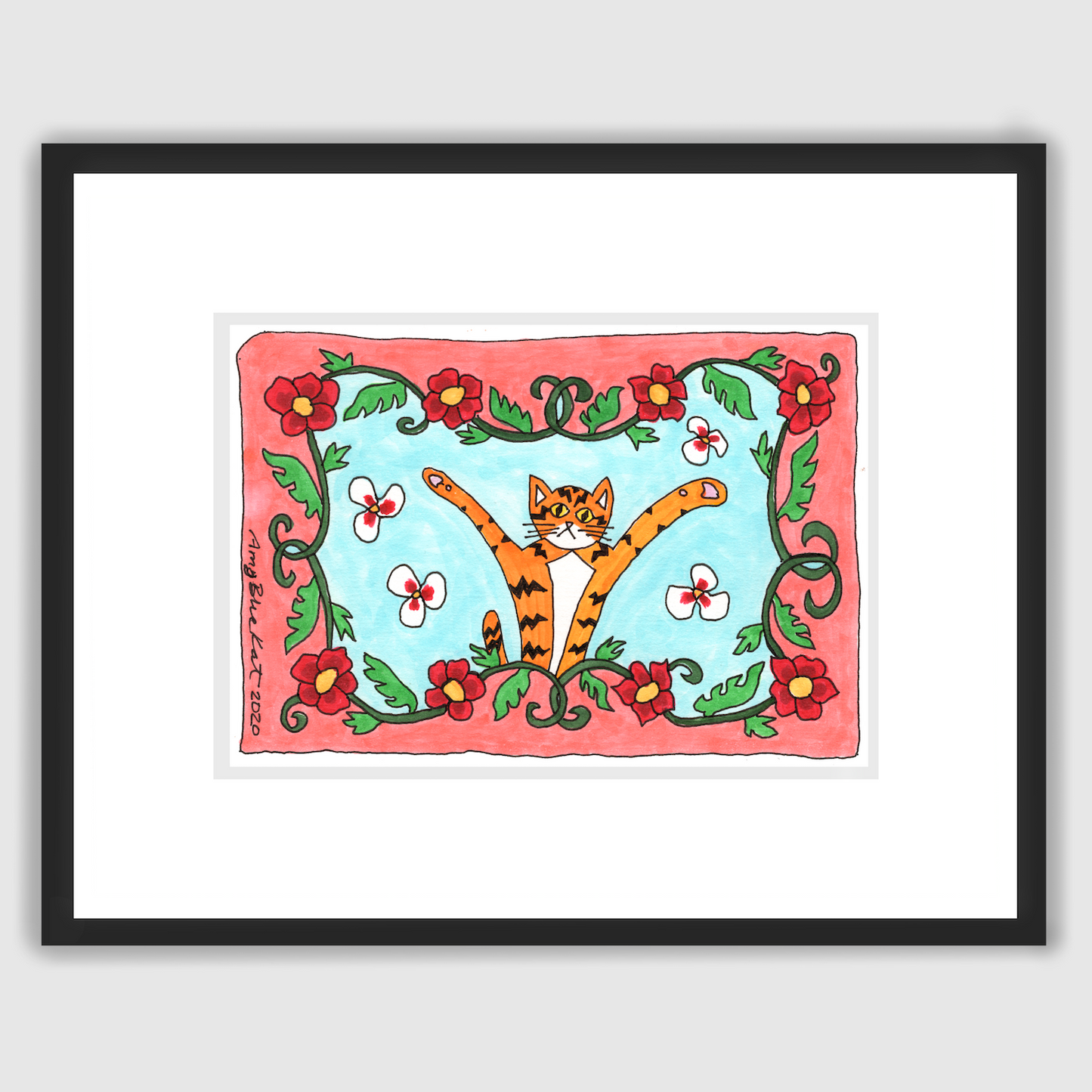 A framed print of a colorful ink drawing featuring Superpussy-an orange cat with his paws in the air. There are red and white flowers forming a border around a sky blue background. 