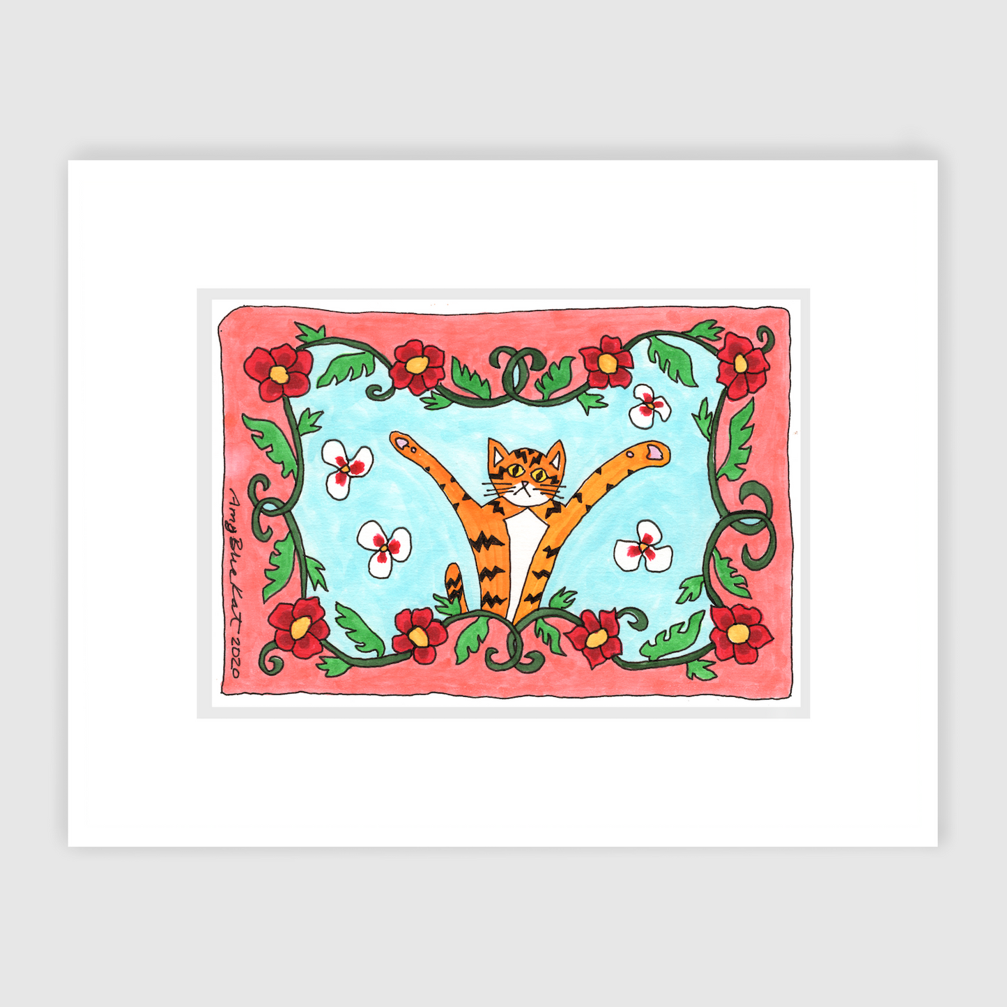 A matted print of a colorful ink drawing featuring Superpussy-an orange cat with his paws in the air. There are red and white flowers forming a border around a sky blue background. 