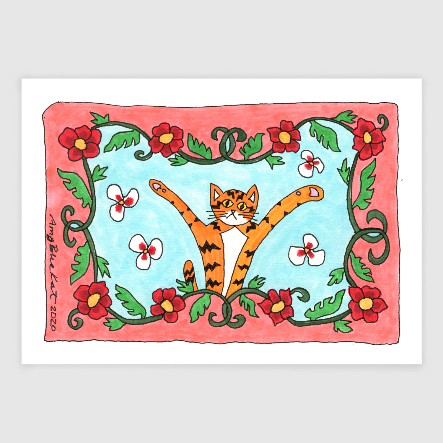 A print of a colorful ink drawing featuring Superpussy-an orange cat with his paws in the air. There are red and white flowers forming a border around a sky blue background. 