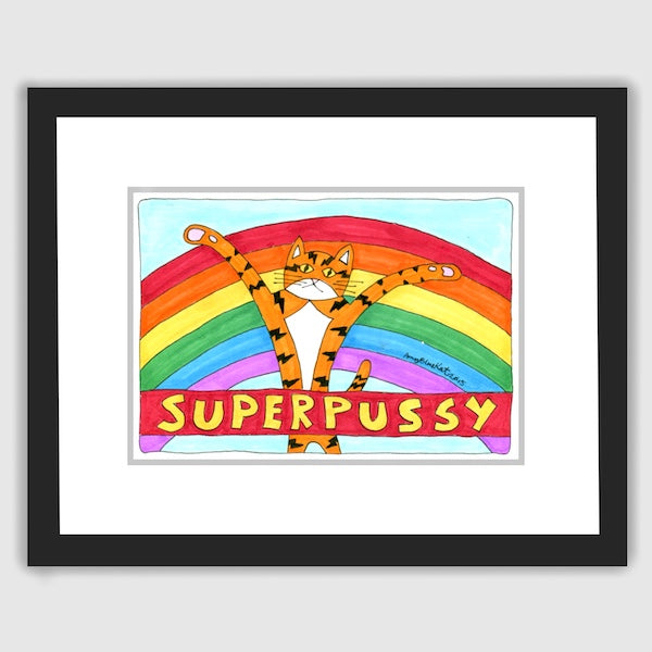 Whimsical framed Cat art print featuring Superpussy-an orange cat with his paws in the air-standing in front of a big rainbow. A banner that reads "Superpussy" is in front.