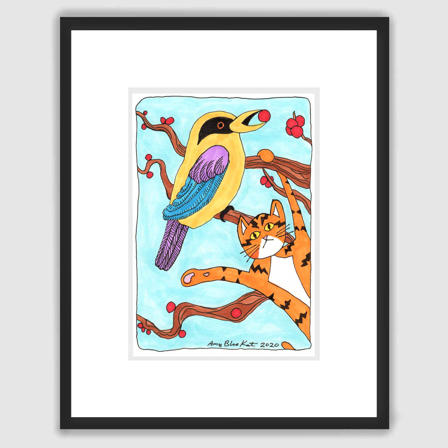 A colorful framed drawing of an orange cat with black stripes like lightning bolts and his paws in the air. He hangs on a tree with red berries. A yellow, blue, and purple feathered bird is beside him with a berry in his beak.