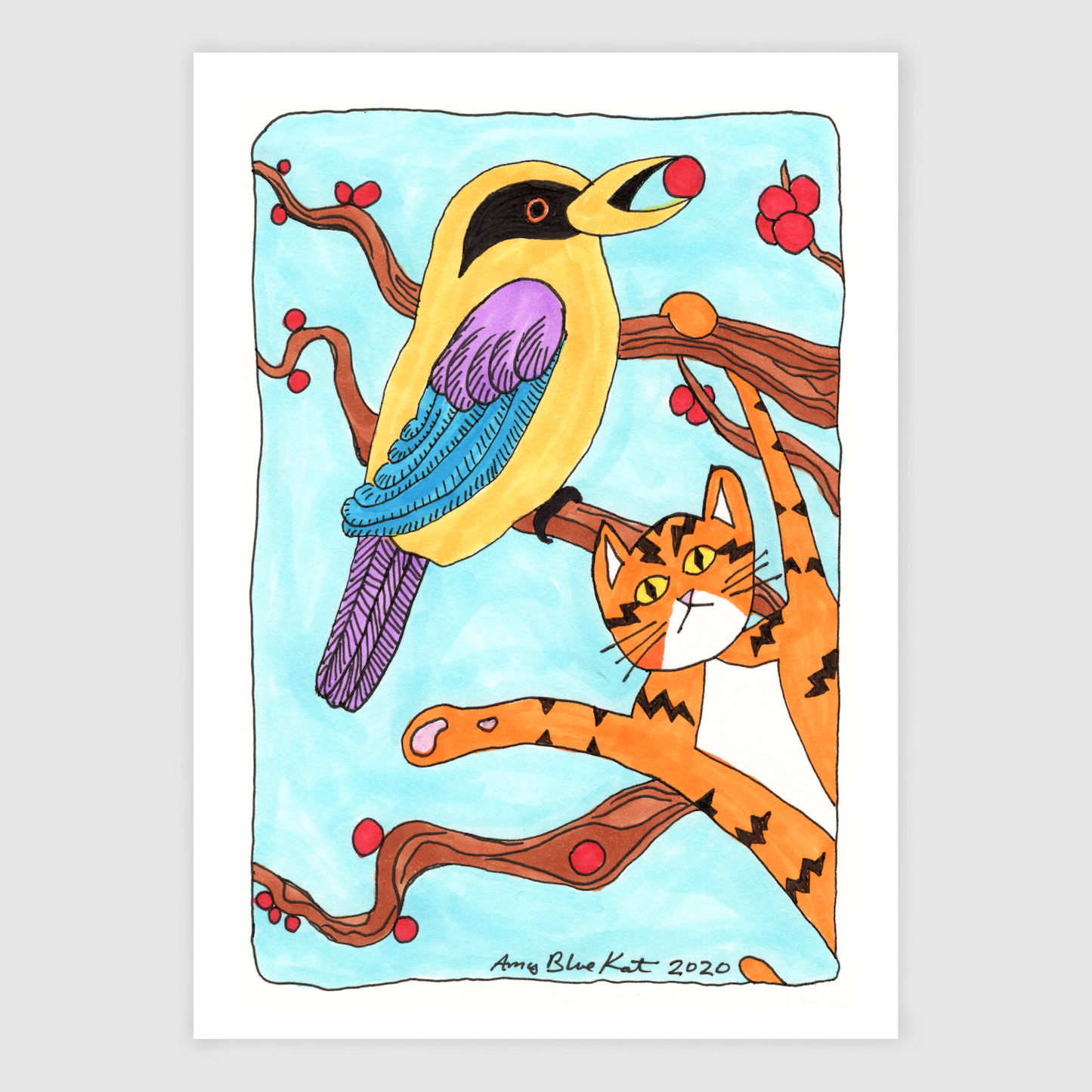 A colorful drawing of an orange cat with black stripes like lightning bolts and his paws in the air. He hangs on a tree with red berries. A yellow, blue, and purple feathered bird is beside him with a berry in his beak.