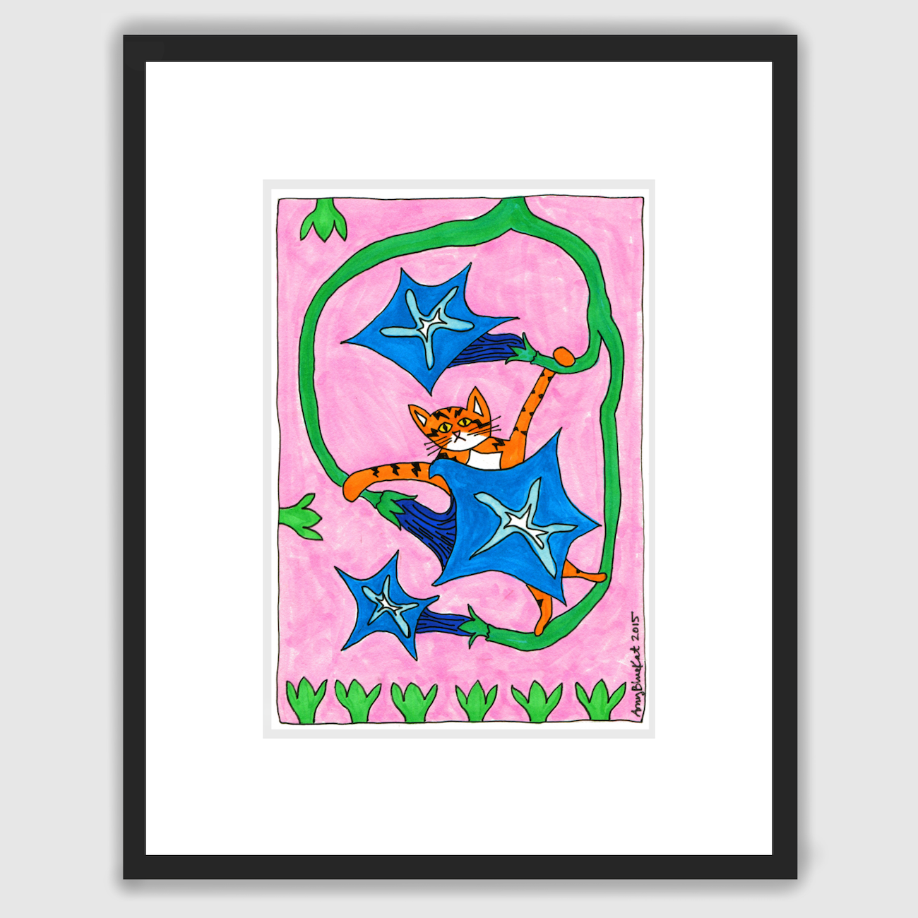 A fun framed drawing of an orange cat with black stripes hanging onto a morning glory vine with three blue flowers. Pink background