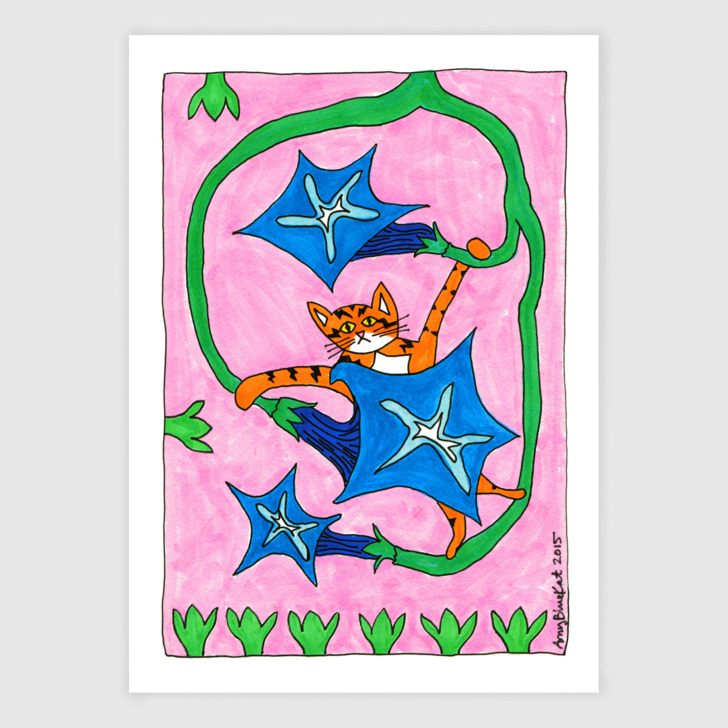 A fun drawing of an orange cat with black stripes hanging onto a morning glory vine with three blue flowers. Pink background