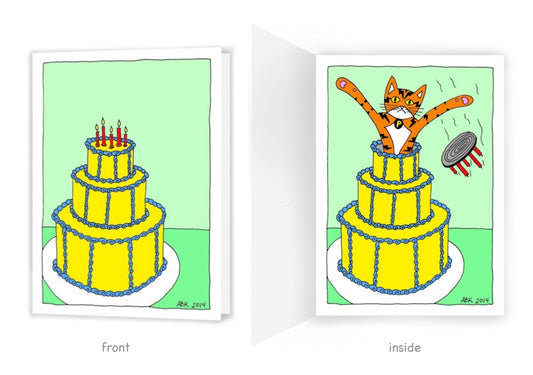 On the front it appears to be a normal three layered cake, but open the card to see Superpussy -an orange cat with tiger stripes-jumping out of it with his paws in the air. The lid with candles flies off to the side.