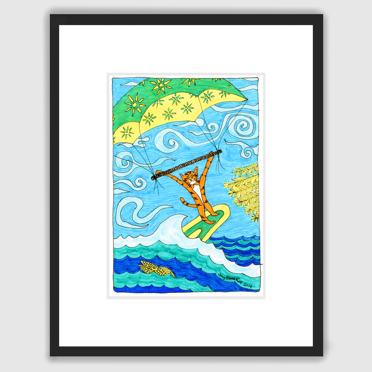 A framed print featuring Superpussy-a cartoon orange cat-is windsurfing!