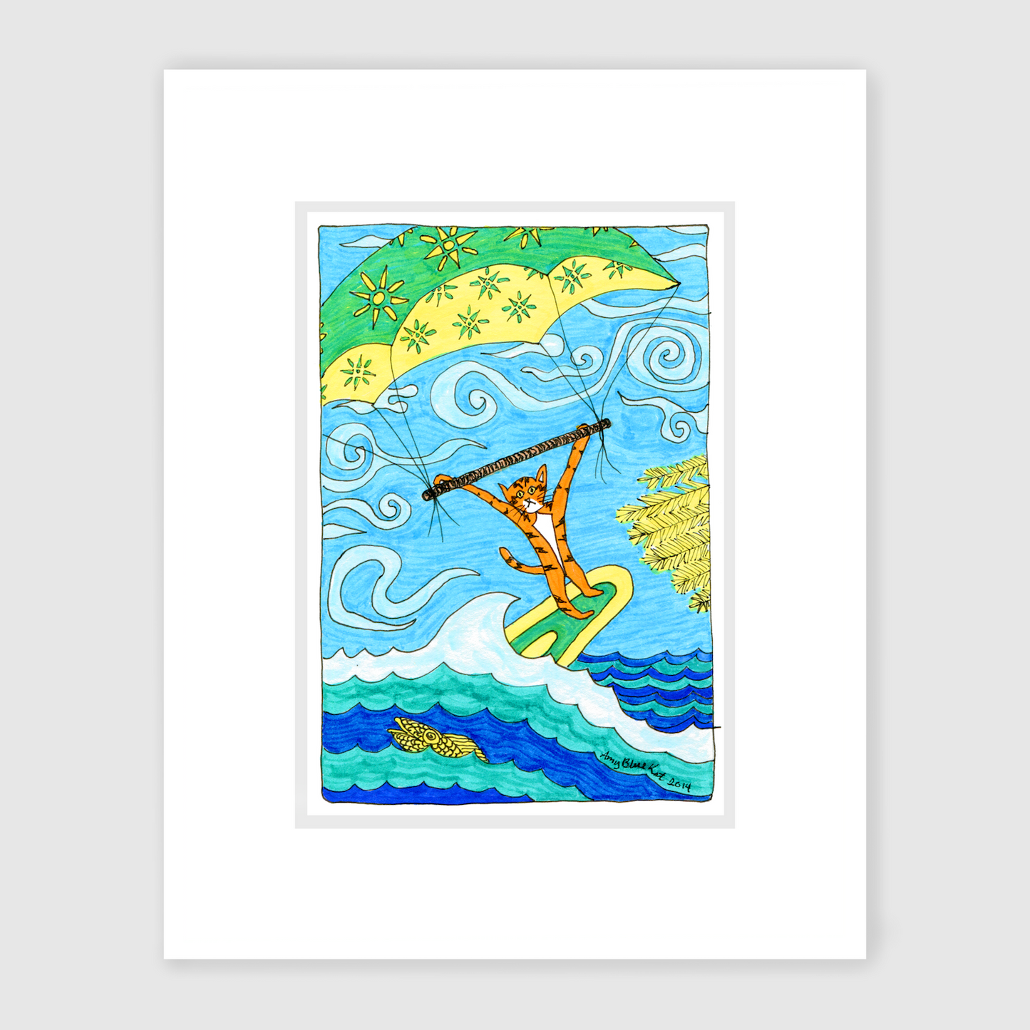 A matted print featuring Superpussy-a cartoon orange cat-is windsurfing!