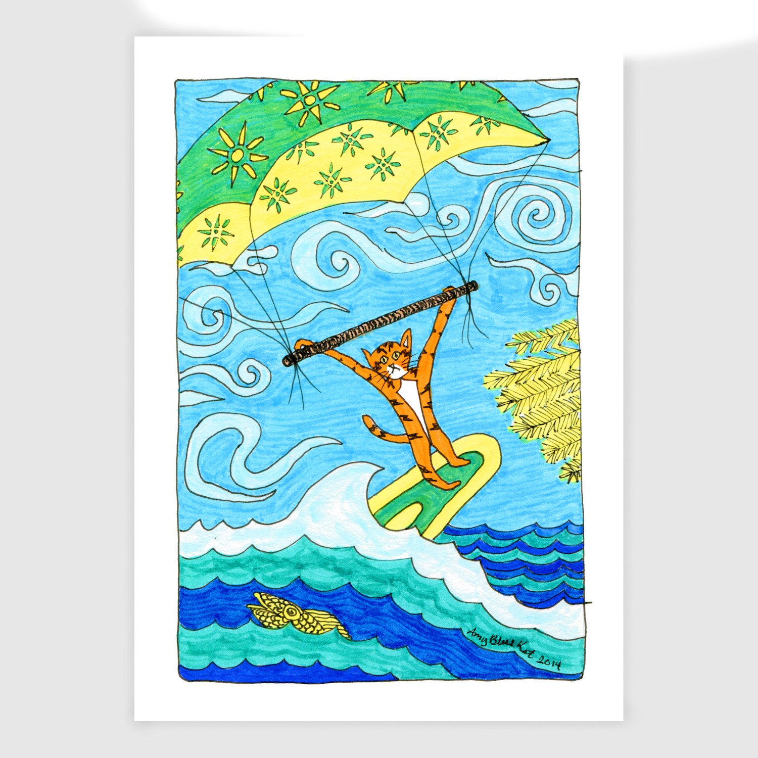 Superpussy-a cartoon orange cat with his paws in the air-is windsurfing!